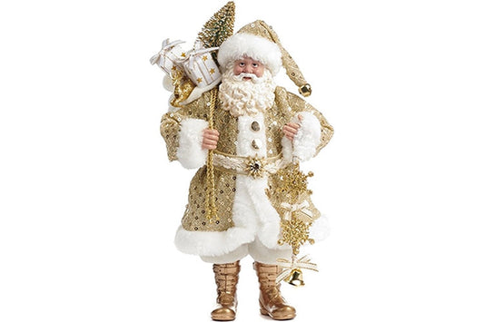 Kerstman met zak kadootjes en kerstboom wit/goud